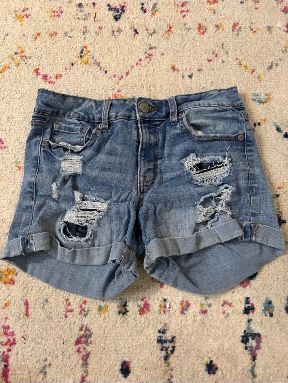 Aeropostale Light Blue Distressed Roll-Cuff Denim Shorts